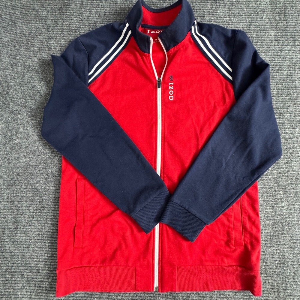 IZOD Mens M Track Jacket Red Navy Full Zip Striped Retro Preppy Sportswear
